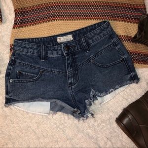 Free People V Yoke High Waist Denim Frayed Shorts